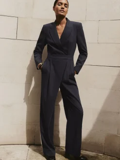 Reiss Navy Rhoda Pinstripe Tailored Wide-Leg Jumpsuit with Wool Outlet