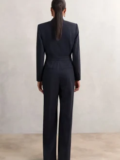 Reiss Navy Rhoda Pinstripe Tailored Wide-Leg Jumpsuit with Wool Outlet