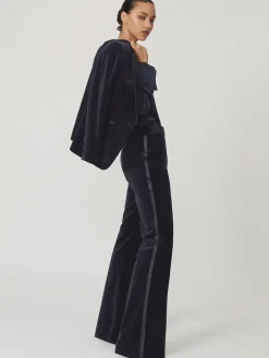 Reiss Navy Verda Velvet Satin-Stripe Flared Trousers Discount