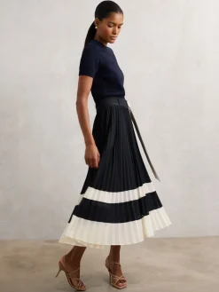 Reiss Navy/Ivory Goldie Belted Pleated Midi Skirt Sale