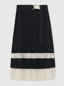 Reiss Navy/Ivory Goldie Belted Pleated Midi Skirt Sale