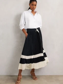 Reiss Navy/Ivory Goldie Belted Pleated Midi Skirt Sale