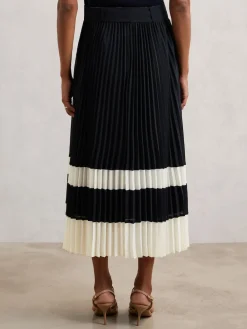 Reiss Navy/Ivory Goldie Belted Pleated Midi Skirt Sale