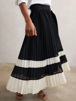 Reiss Navy/Ivory Goldie Belted Pleated Midi Skirt Sale