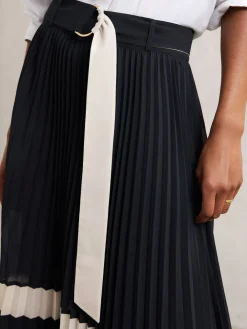 Reiss Navy/Ivory Goldie Belted Pleated Midi Skirt Sale