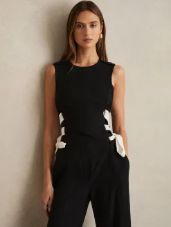 Reiss Navy/White Emma Lace-Up Side Wide-Leg Jumpsuit