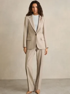 Reiss Neutral Brittany Straight-Leg Textured Wool-Blend Suit Trousers New