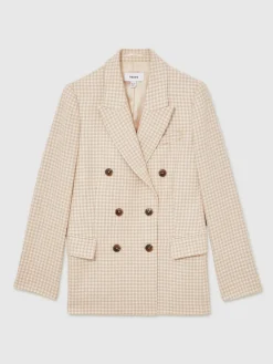 Reiss Neutral Check Bella Double Breasted Check Blazer With Wool New