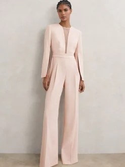 Reiss Pale Pink Evora Plunge-Neck Split-Sleeve Jumpsuit Best