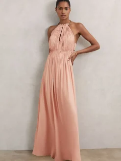 Reiss Pink Vinnie Ring-Detail Halterneck Maxi Dress Sale