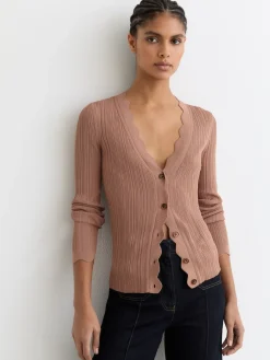 Reiss Vinny Rib-Knit Scallop-Trim Cardigan Pink Discount