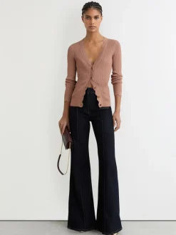 Reiss Vinny Rib-Knit Scallop-Trim Cardigan Pink Discount