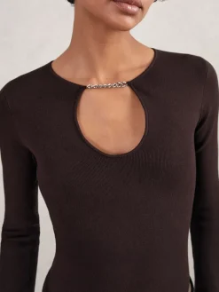 Reiss Tilly Chain-Detail Keyhole Knit Top Plum Clearance