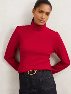 Reiss Corrine Wool Epaulette Roll-Neck Jumper Red Sale