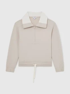 Reiss Laney Premium Interlock Half-Zip Sweatshirt Stone Neutral Discount