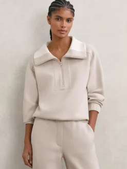 Reiss Laney Premium Interlock Half-Zip Sweatshirt Stone Neutral Discount
