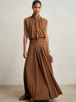 Reiss Tan Brown Saffron Jersey Ruched-Waist Maxi Skirt New