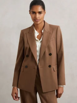 Reiss Tan Solene Wool-Blend Double-Breasted Suit Blazer New