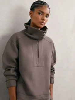 Reiss Laney Premium Interlock Half-Zip Sweatshirt Taupe Brown Sale