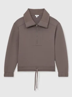 Reiss Laney Premium Interlock Half-Zip Sweatshirt Taupe Brown Sale