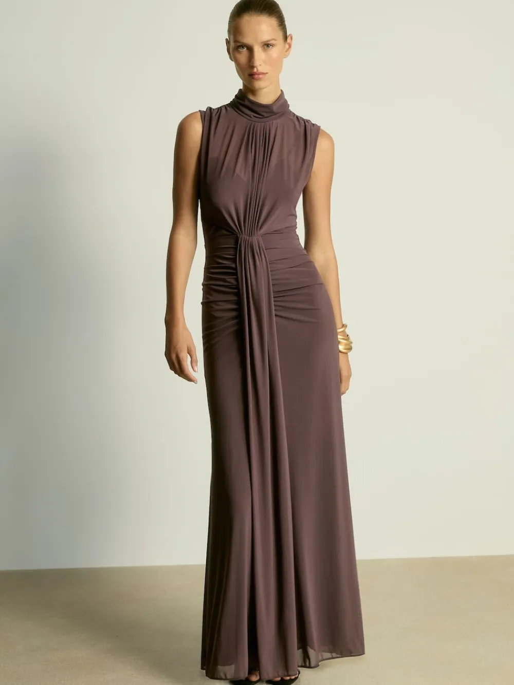 Reiss Daniella Ruched Sleeveless Maxi Dress Taupe Clearance