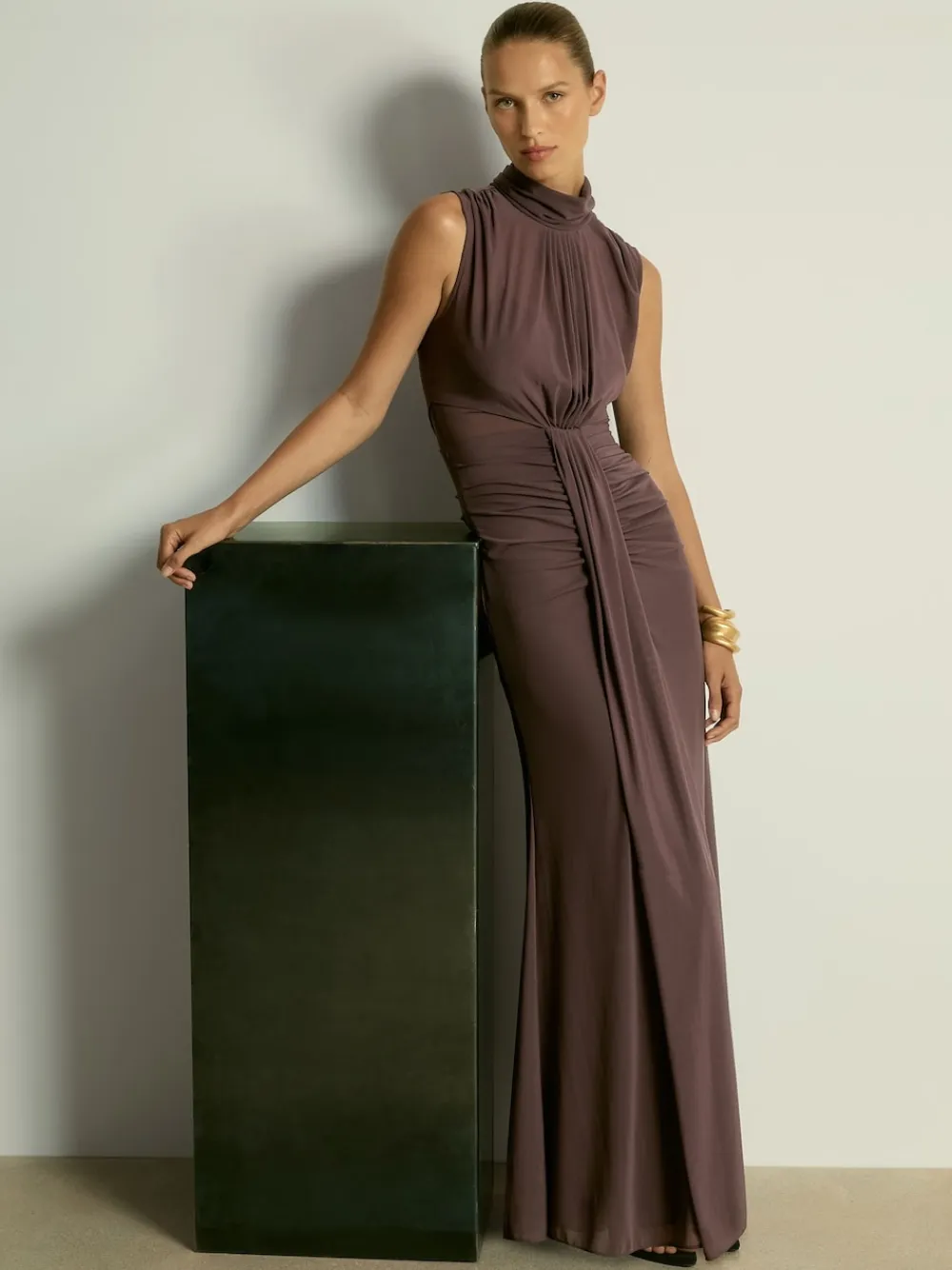 Reiss Daniella Ruched Sleeveless Maxi Dress Taupe Clearance