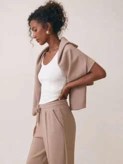 Reiss Jemma Petite Premium Interlock Wide-Leg Joggers Taupe Neutral New