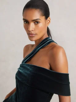 Reiss Daria Velvet One-Shoulder Wide-Leg Jumpsuit Teal Green Outlet