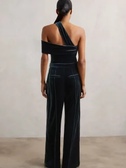 Reiss Daria Velvet One-Shoulder Wide-Leg Jumpsuit Teal Green Outlet