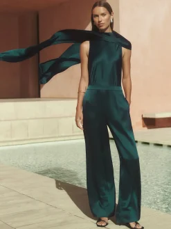 Reiss Farah Satin Cape-Sash Jumpsuit Teal Green Online