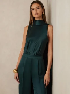 Reiss Farah Satin Cape-Sash Jumpsuit Teal Green Online