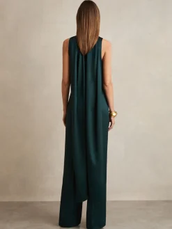 Reiss Farah Satin Cape-Sash Jumpsuit Teal Green Online