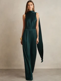 Reiss Farah Satin Cape-Sash Jumpsuit Teal Green Online