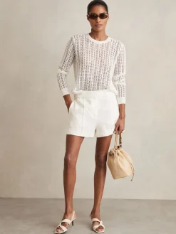 Reiss Fawn Linen Whipstitch Shorts White New