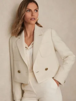 Reiss Mia Double-Breasted Textured Cropped Blazer with Wool and Cotton White Online