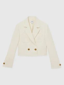 Reiss Mia Double-Breasted Textured Cropped Blazer with Wool and Cotton White Online