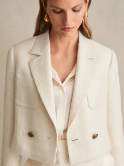 Reiss Mia Double-Breasted Textured Cropped Blazer with Wool and Cotton White Online
