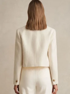 Reiss Mia Double-Breasted Textured Cropped Blazer with Wool and Cotton White Online