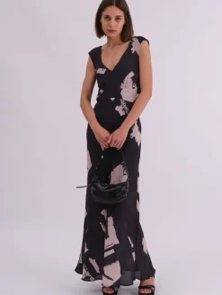 Religion Black Dawn Maxi Column Dress With Draped Back Detail In Hand-Painted Print Outlet