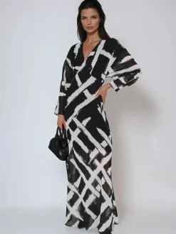 Religion Black Lily Column Bias Cut Maxi Dress In Abstract Monochrome Stripe Print Discount