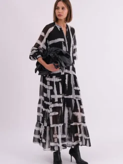 Religion Black Sunset Maxi Shirt Dress With A Tiered Boho Style Skirt In Abstract Prints Clearance