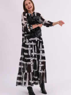 Religion Black Sunset Maxi Shirt Dress With A Tiered Boho Style Skirt In Abstract Prints Clearance