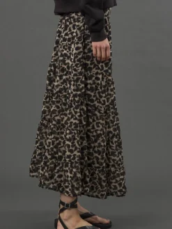 Religion Black Tiered Boho Style Citrine Maxi Skirt In Leopard Animal Print Discount