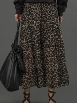 Religion Black Tiered Boho Style Citrine Maxi Skirt In Leopard Animal Print Discount