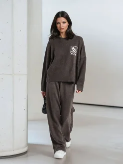 Religion Luscious Knitted Quiet Luxury Joggers with Skull & Crossbone Jacquard Brown Best