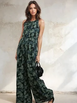 Religion Crew Wide Leg Jumpsuit in Abstract Façade Print Green Outlet
