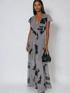Religion Grey Indium Maxi Tea Dress With Feminine Button Detail In Abstract