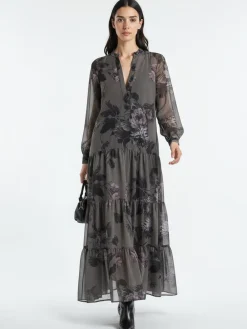Religion Grey Stephanie Maxi Boho Tiered Dress In Taupe Floral Print Hot