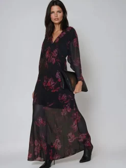 Religion Red Lily Column Bias Cut Maxi Dress In Dark Floral Fade Print Clearance