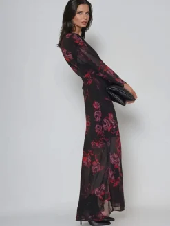Religion Red Lily Column Bias Cut Maxi Dress In Dark Floral Fade Print Clearance